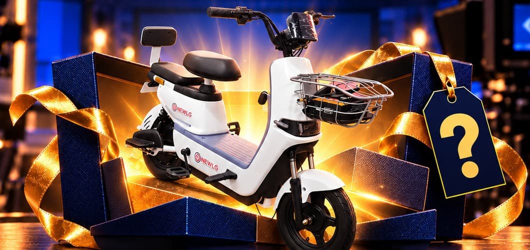 Scooter elétrica NEWLG branca saindo de uma caixa de presente azul com fitas douradas